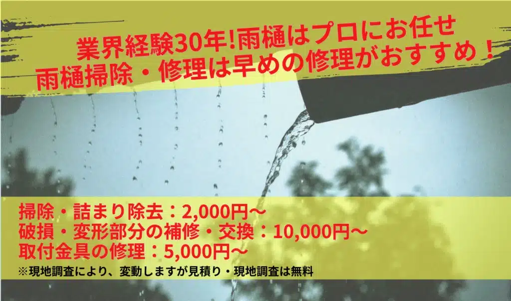 業界経験30年!雨樋はプロにお任せ 雨樋掃除・修理は早めの修理がおすすめ！ 掃除・詰まり除去：2,000円～ 破損・変形部分の補修・交換：10,000円～ 取付金具の修理：5,000円～